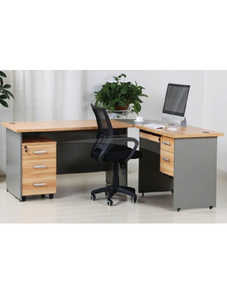 Bureau Président en bois + retour + Caisson 3 tiroirs (W1600xD1600xH730)