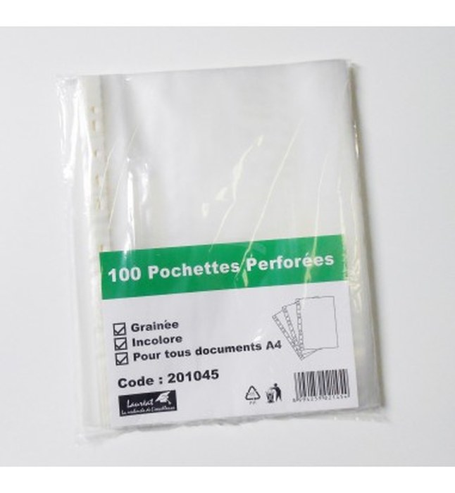 100 POCHETTES PERFORÉES EN POLYPRO GRAINÉES - LAURÉAT - 45 MICRONS - FORMAT A4