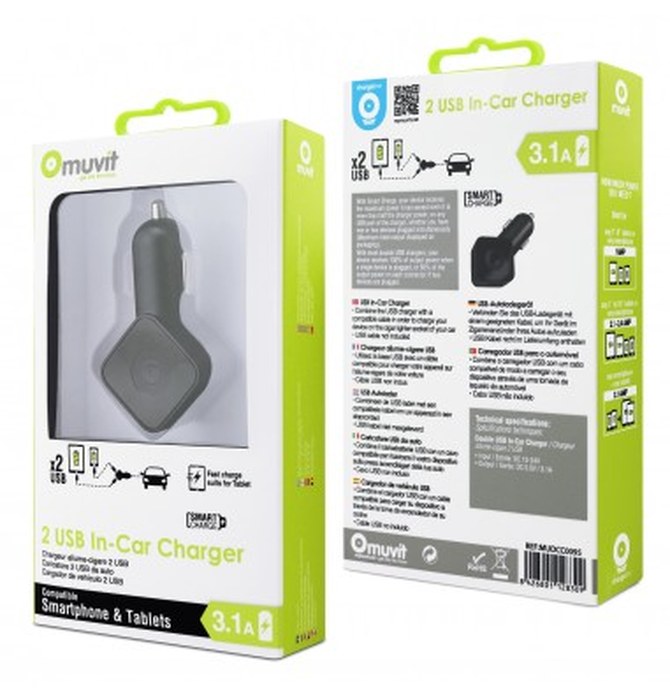 Chargeur de voiture 3.1A Dual USB (1A sans fil + 2.1A) muvit Noir