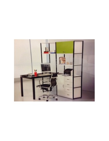 Workstation : bureau L 140 P 70 H 75,5 cm + rangement tout en BLANC L 77 P 44 H 181 cm + 2 étagères (cf. photo)