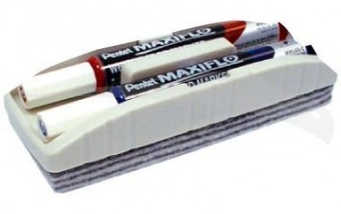MARQUEUR TABLEAU BLANC + BROSSE - PENTEL - Boîte de 2 marqueurs