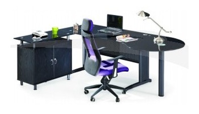 Bureau en verre trempé et métal + retour + jonction L 220 P 168 H 75 cm