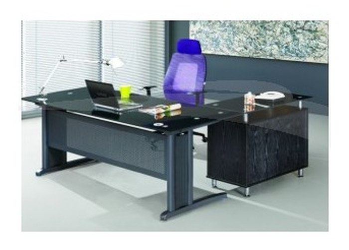 Bureau + retour en verre trempé et métal L 160 P 168 H 75 cm