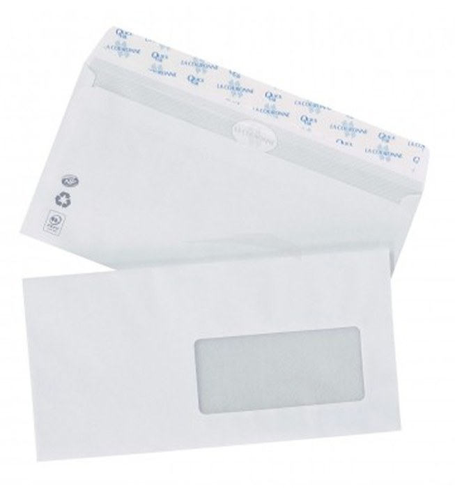 PAQUET DE 500 ENVELOPPES \"LA COURONNE\" FT 110*220mm BLANCHES 90 GRS AVEC FENETRE