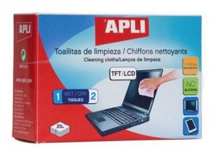 LINGETTES NETTOYANTES POUR ECRANS - APLI - Boîte de 20 lingettes
