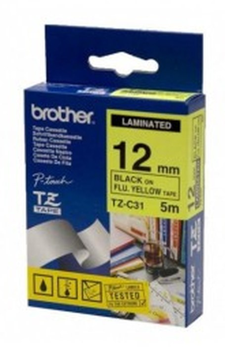 Ruban Brother laminé fluorescent noir sur fond jaune (TZ-C31)